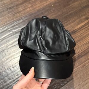 Black Faux Leather Newsboy Cap